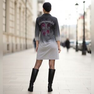 y2k goth rockabilly skull rose dress rhinestone Crash & Burn gray mini USA M 90s